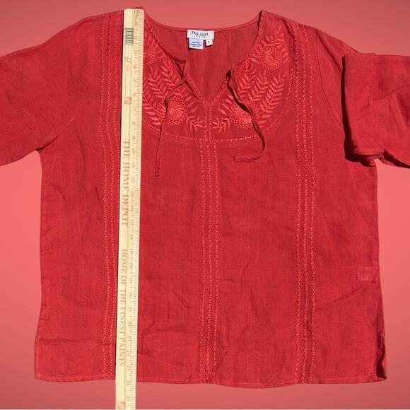 Tru Luxe 100% Large Linen Coral Boho Peasant Top Embroidered Blouse Boho Chic - Picture 3 of 9